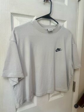 Nike Boxy Cropped Tee in Light Gray with Black Swoosh, 100% Cotton